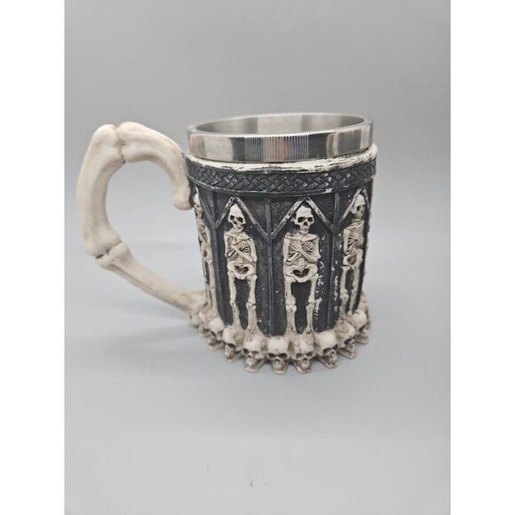 Set Of (2) Skeletons & Skulls 3-D Tankard Stainless Steel Goth Drinking Mug/ Cup - Picture 2 of 8